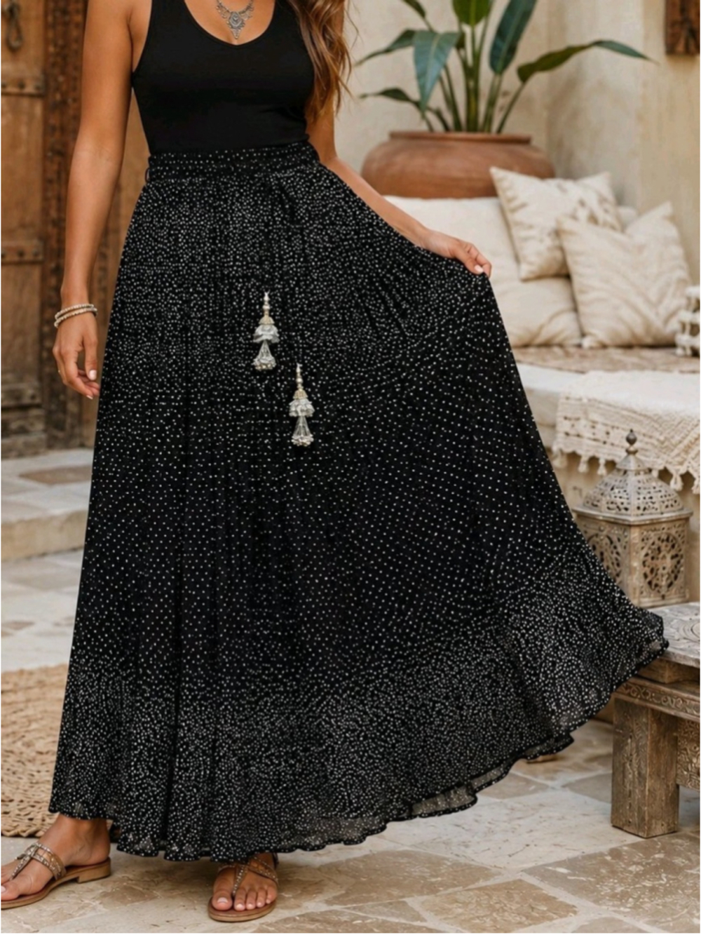 Diya Design Studio Maxi Skirt OS Black Silver Metallic Pleated Boho Tassel India